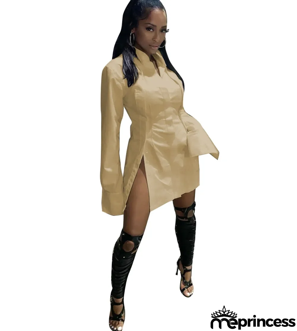 Autumn Sexy Side Slit Blouse Dress with Full Sleeves