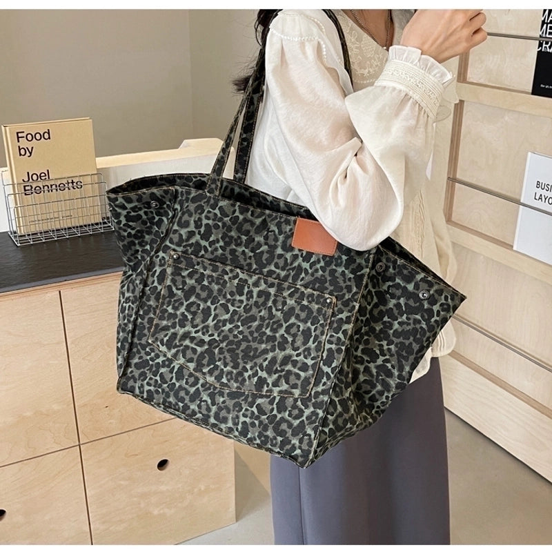 Leopard Print Canvas Tote Large Capacity Bag For Women New Trendy Fashion Original Design Portable Commuter Bag Shoulder