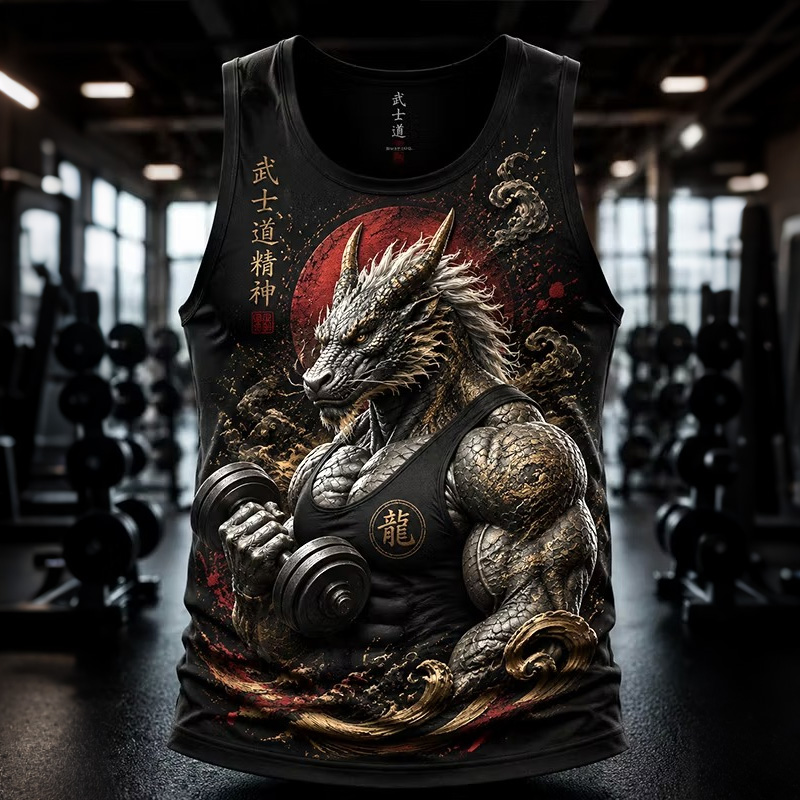 Men's Dragon Dumbbell Fitness Print Tank Top  artssus