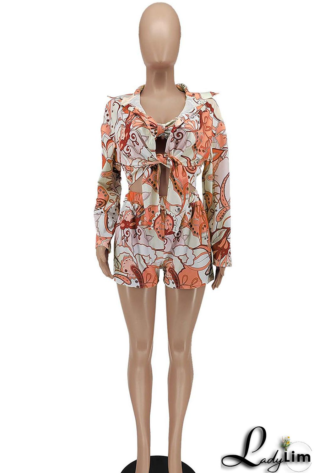 Green Fashion Sexy Print Patchwork Turndown Collar Long Sleeve Three Pieces