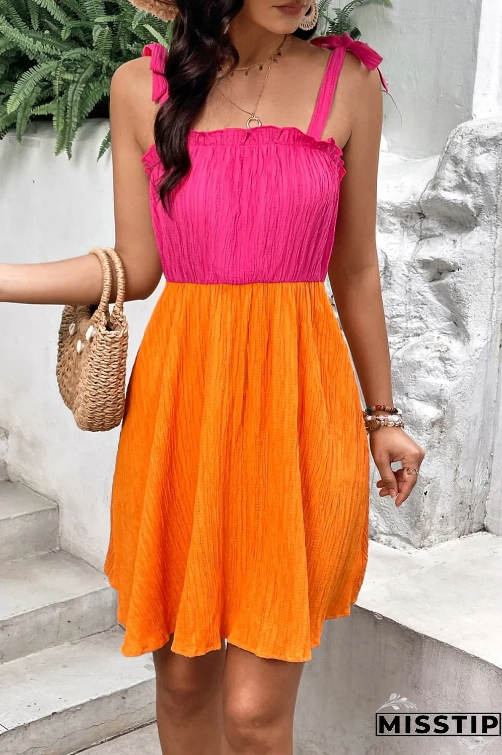Two-Tone Tie-Shoulder Frill Trim Dress