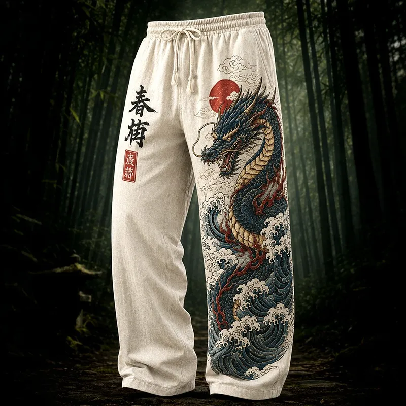 Men's Japanese Wave With Dragon Calligraphy Print Casual Pants  artssus
