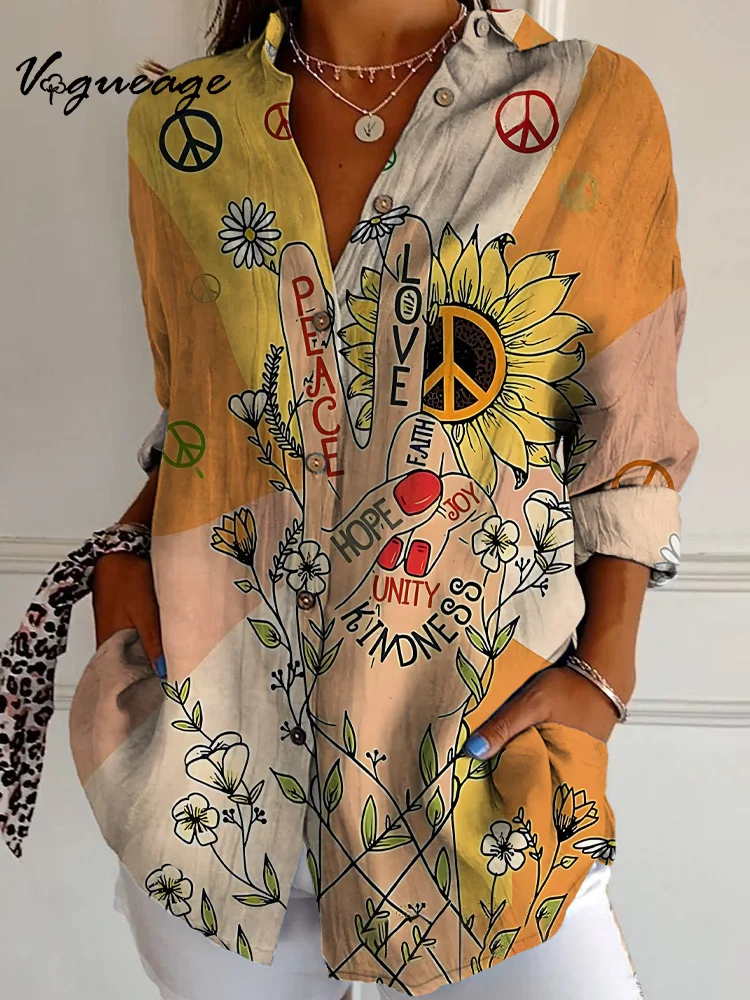 Peace Love Faith Hope Joy Unity Kindness Long Sleeve Printed Cotton And Linen Shirt