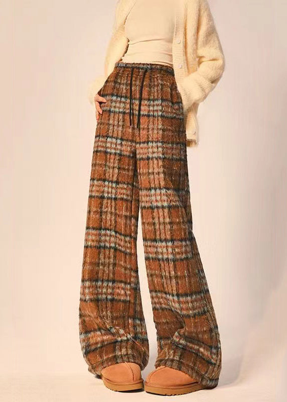 VCSHOES Coffee Plaid Pockets Elastic Waist Woolen Wide Leg Pants Spring