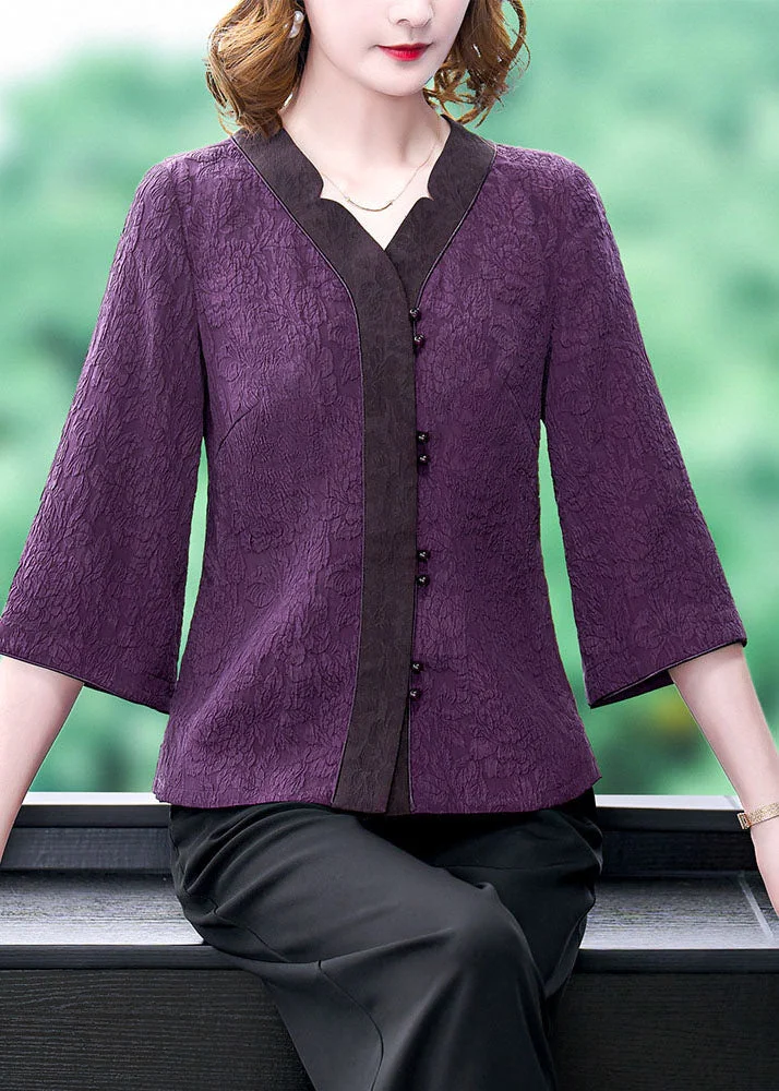 Vintage Purple V Neck Jacquard Patchwork Silk Shirts Bracelet Sleeve