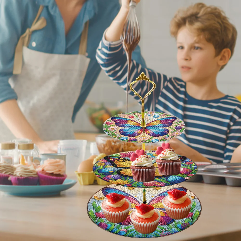 3 Tier Butterfly Round Diamond Painting Tray Food Plate for Adults Beginners