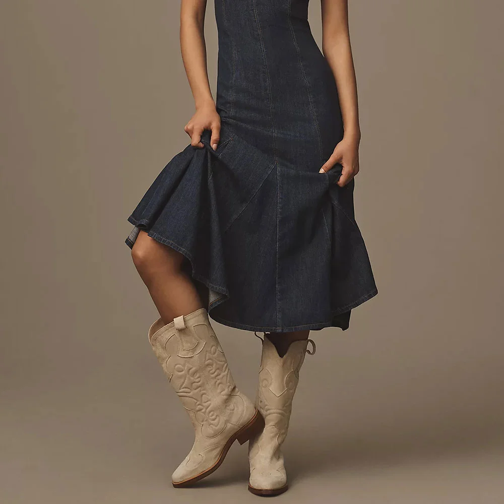 Beige Embroidered Snip Toe Low Heel Mid-Calf Pull-On Cowgirl Boots