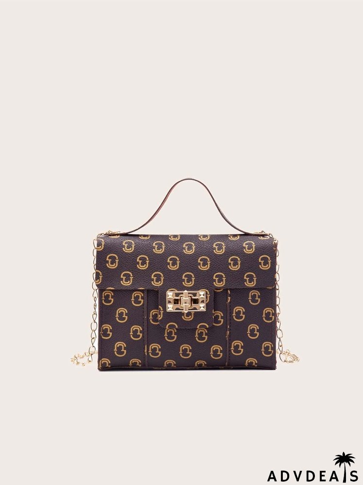 Allover Graphic Turn-lock Satchel Bag