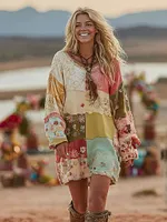 Women's Patchwork Floral Art Cozy Knit Mini Sweater Dress
