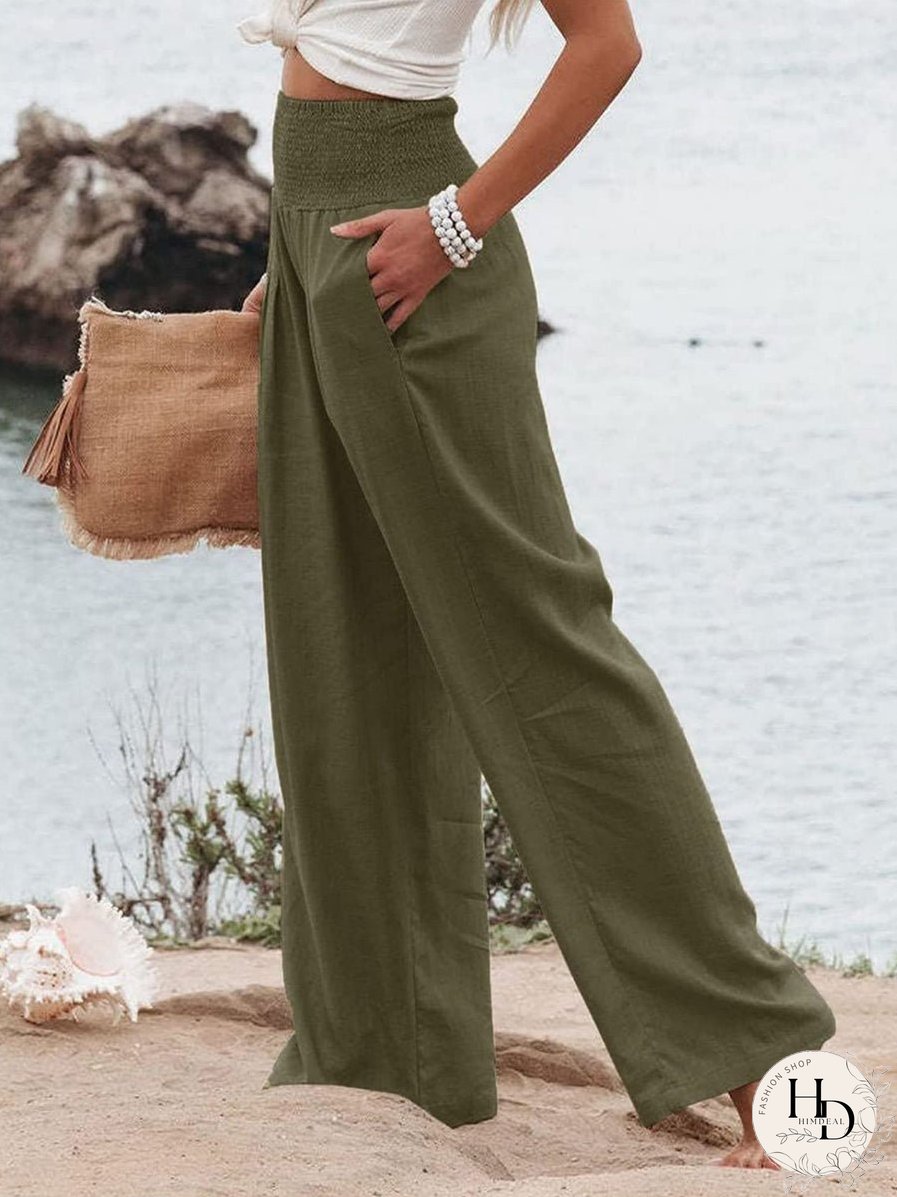 Cozy Co Crinkle Gauze Smocked Waist Wide Leg Side Slit Palazzo Pants