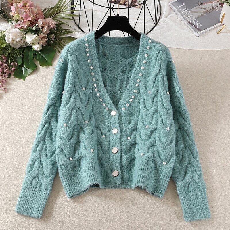 Sweet beaded V-neck knitted cardigan women's spring 2021 new fashion all-match knitted outer wear sweater