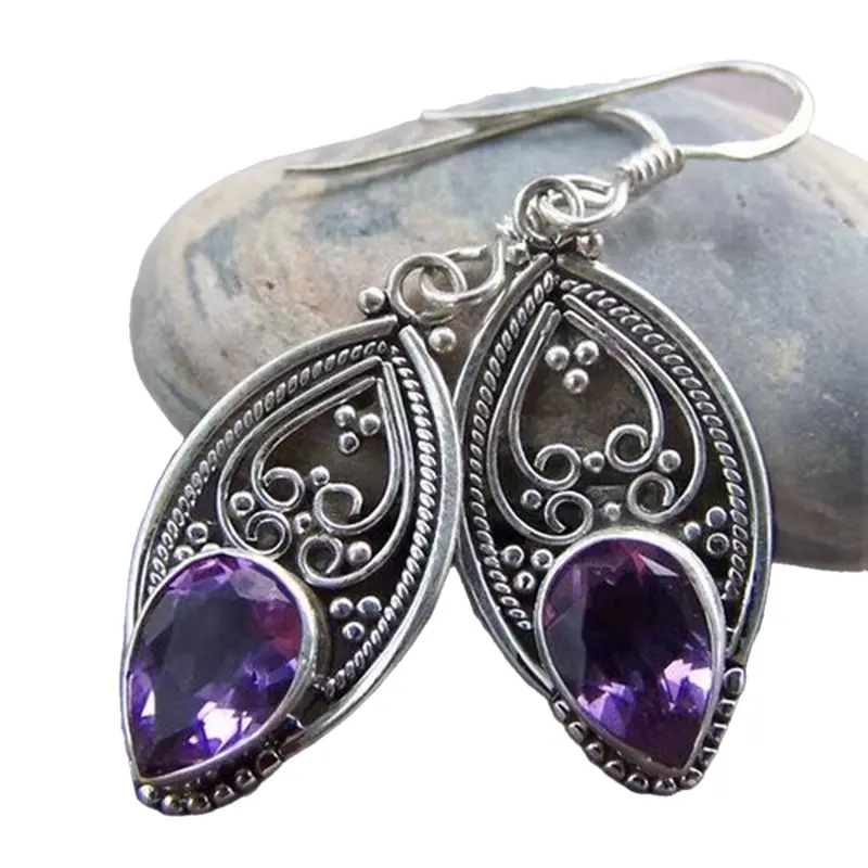 handmade amethyst design dangle earrings copper jewelry synthetic gems inlaid gift for her details 3