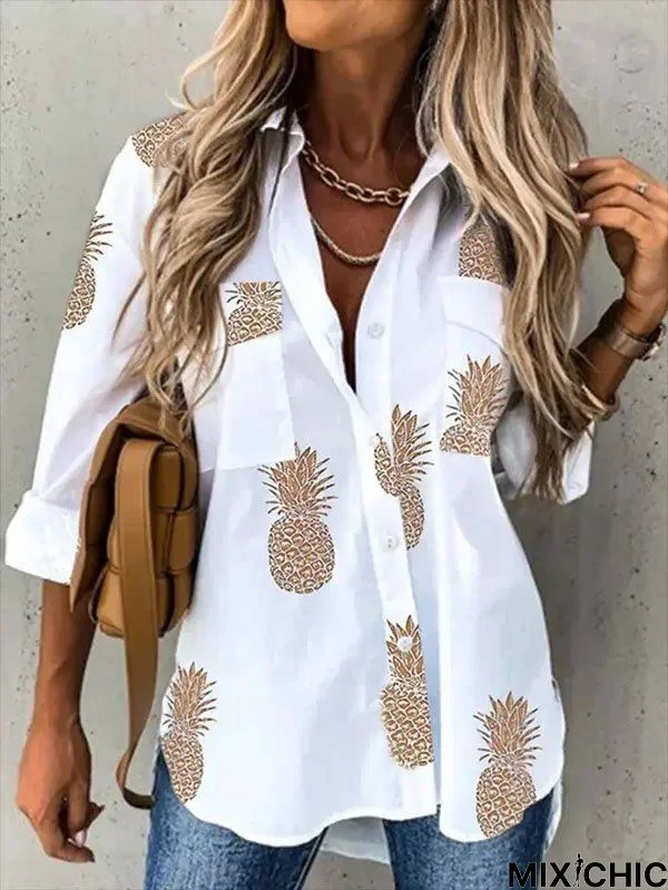 Casual Pineapple Shirt Collar Long Sleeve Tunic Blouse