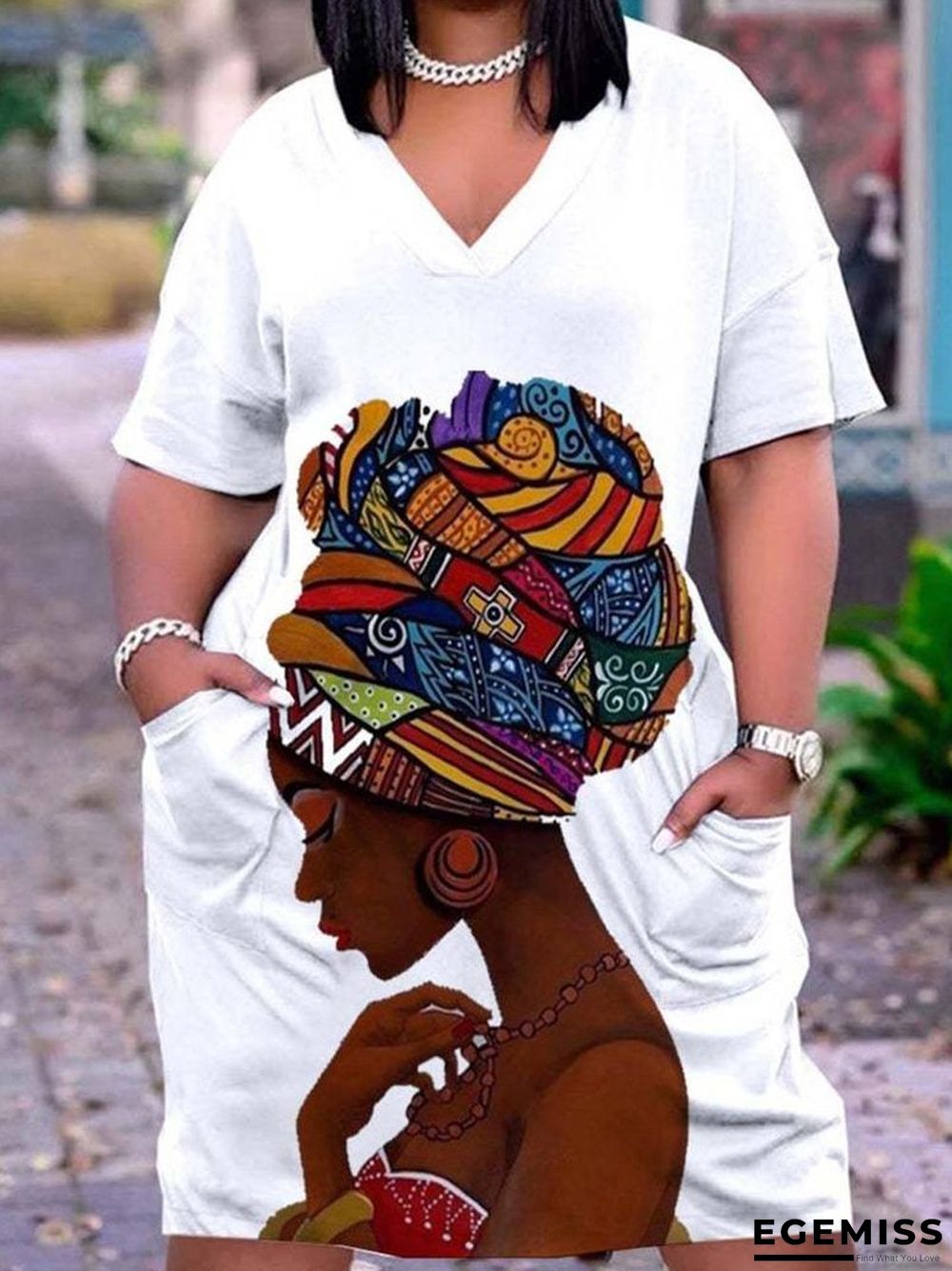 3D Printed Outdoor Fashion Casual Loose Plus Size Women's V-neck Sleeve Dress White Dresses | EGEMISS