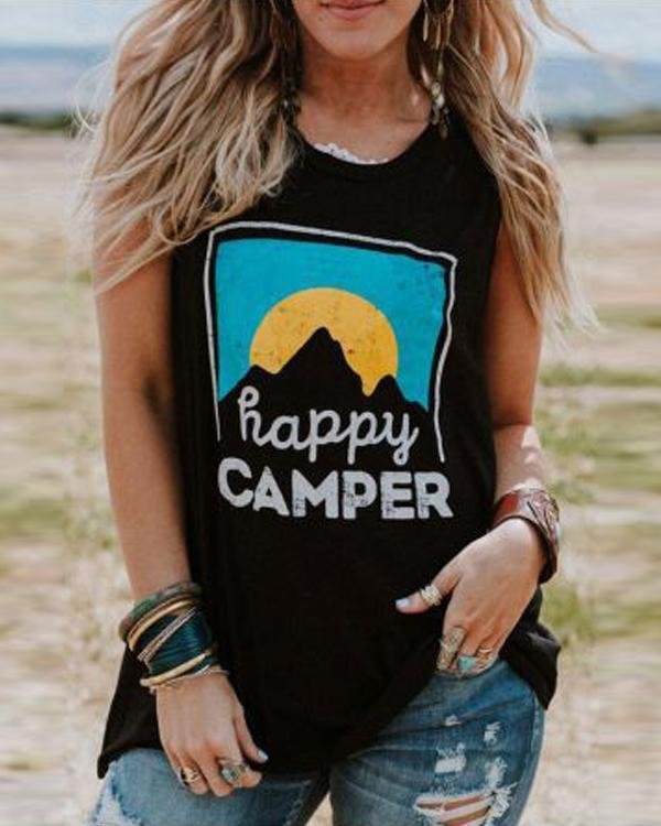 Happy Camper Letter Print O-Neck Tank Shirt - Chicaggo