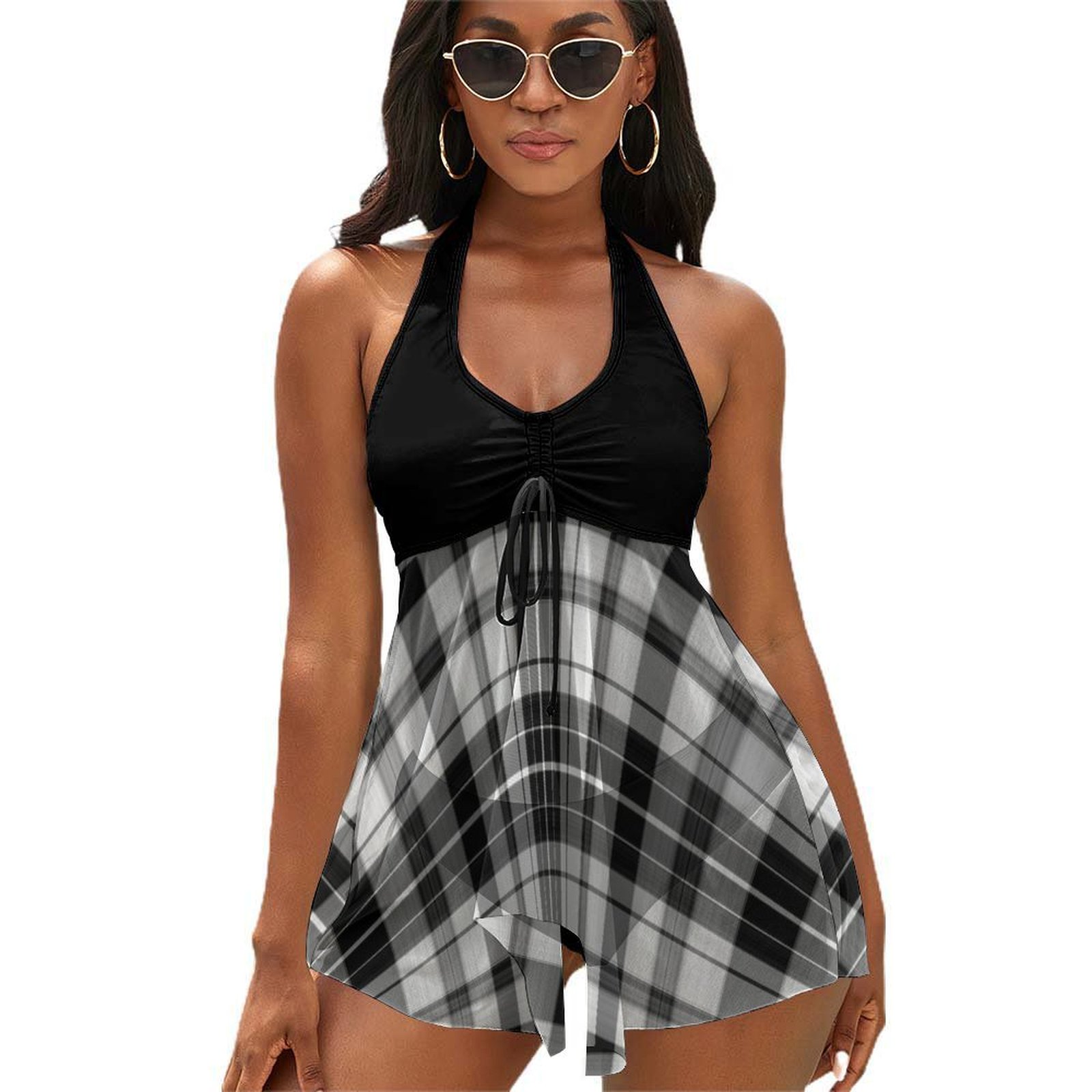 Women's Striped Lattice Two Piece Triangle Halter Strap Split Skirt Tankini Sets