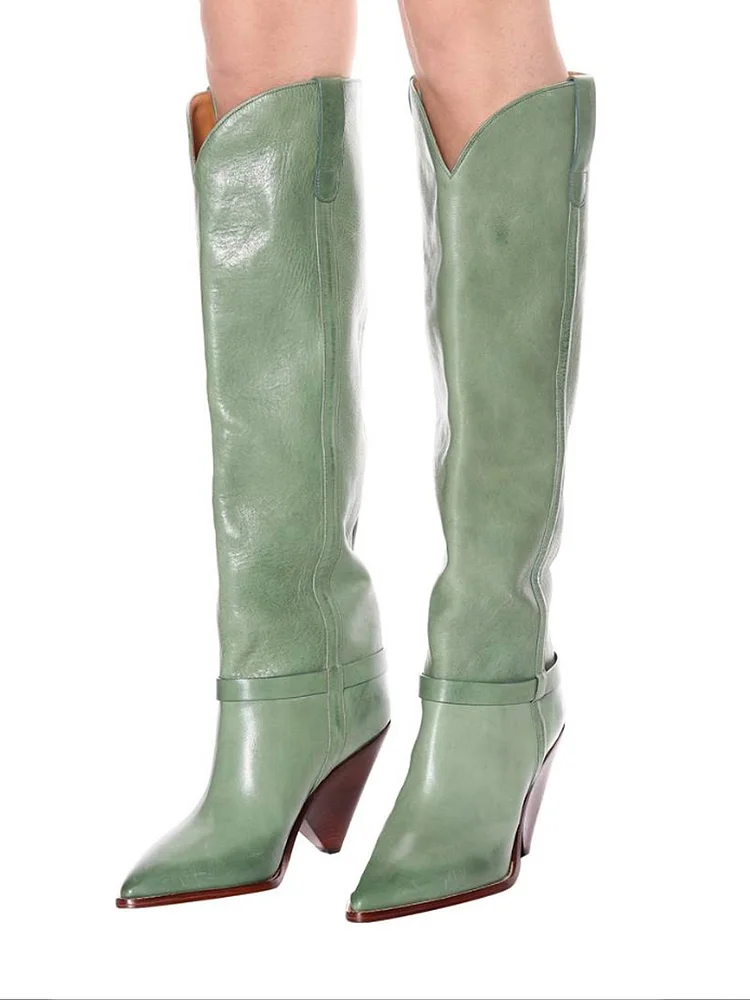 Green Knee-High Boots with Pointy Toe and Cone Heel Vdcoo
