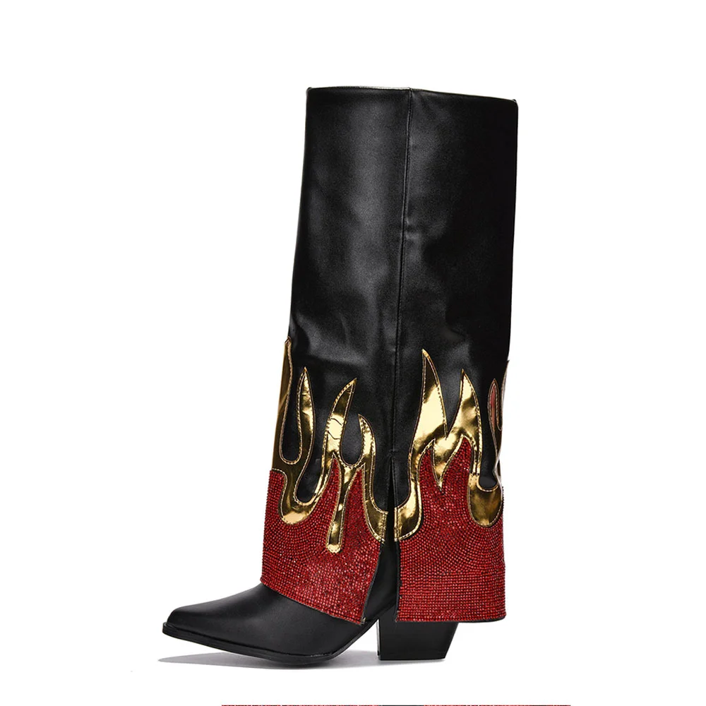 Black Pointed Toe Rhinestone Flame Knee Fold Over Cowgirl Boots