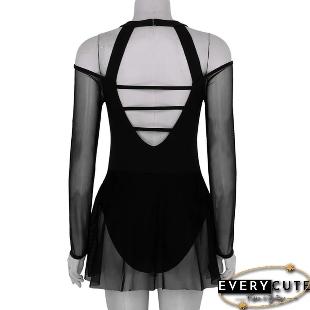 Women Adult Off The Shoulder Long Sleeve Halter Neck Mesh Bodysuit Ballet Dance Dress