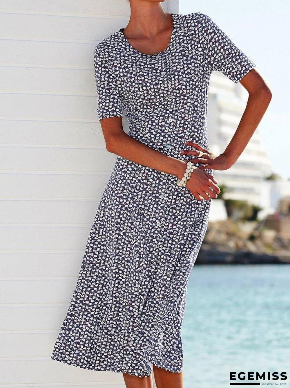 Floral Midi Dress Plus Size Summer Crew Neck Dresses | EGEMISS
