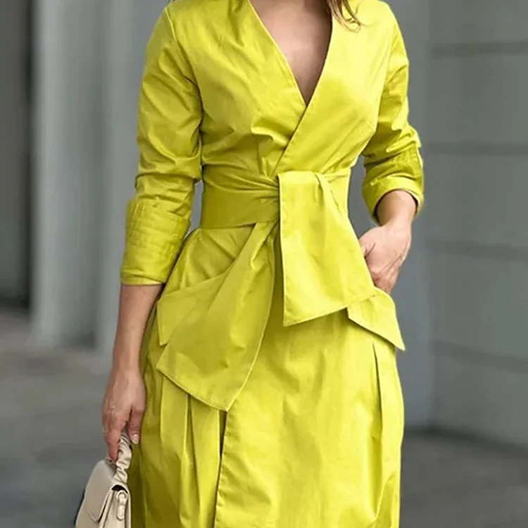 New Women's Suit Dress Fashion Commuter Solid V-Neck Lace-up Midi Dress