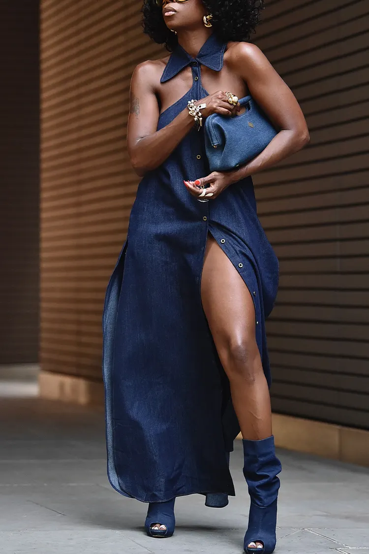 Women's Neck Hanging Buckle Elegant Casual Denim Dress