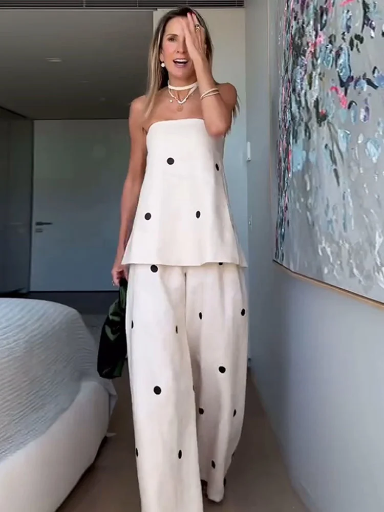 Women Chic Dot Print Wrapped Chest Strapless Tops Set Fashion Back Slit Zipper Top Wide Leg Pants Suit Two pieces Sets