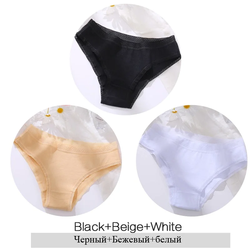FINETOO Women Cotton Panties Sexy Lace Briefs 3Pcs/set Ladies Low Waist Underpants Comfortable Girls Underwear M-2XL Lingerie
