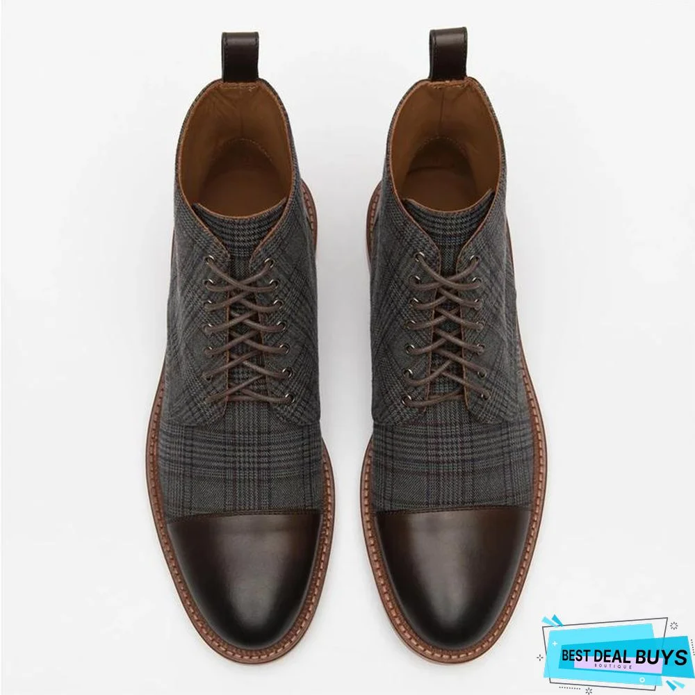 Vintage Genuine Leather Plaid Lace Up Boots