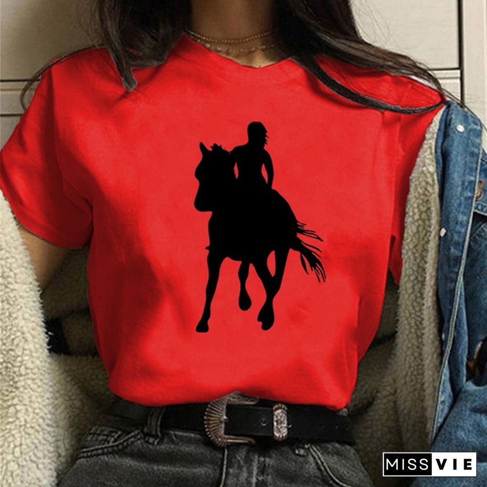 Womens Horse Print Knight Shirts Womens Tops Casual Tees Women Blouse Graphic T-Shirt