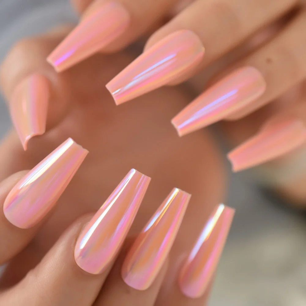 Metallic Coffin Nail Tips False Nails Long Ballerina Gold Mirror Fake Nails Press On Full Set For Fingernail Decorations-Nail Inspo
