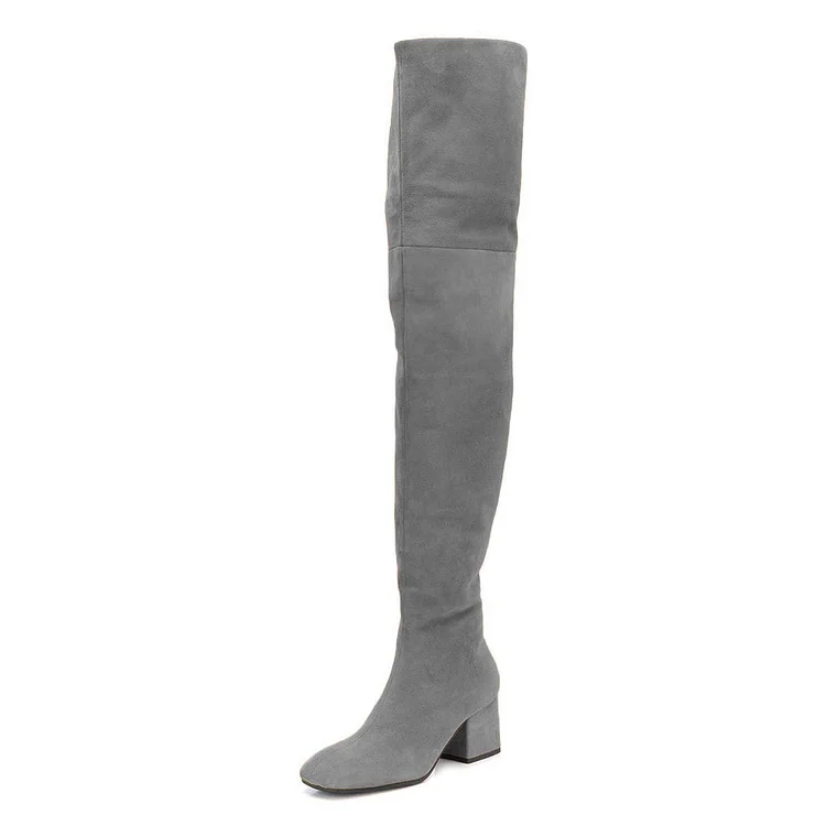 Women Classic Suede Side Zipper Thigh High Boots Square Closed Toe Chunky Block Low Heel |FSJ Shoes