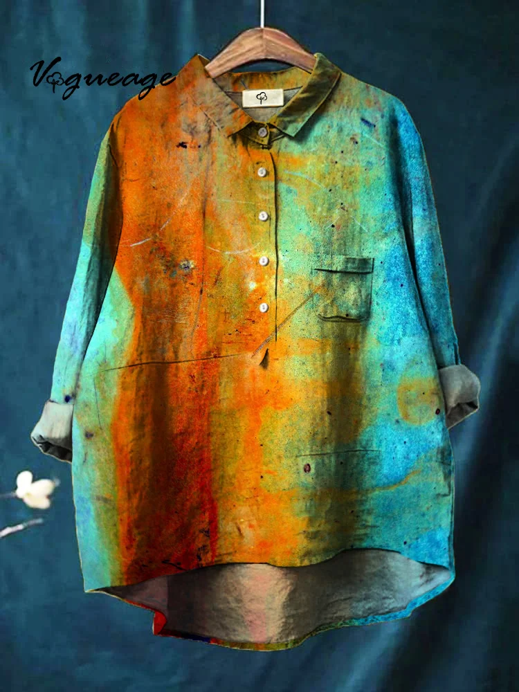Fashionable And Simple Retro Color Matching Printed Cotton And Linen Shirt