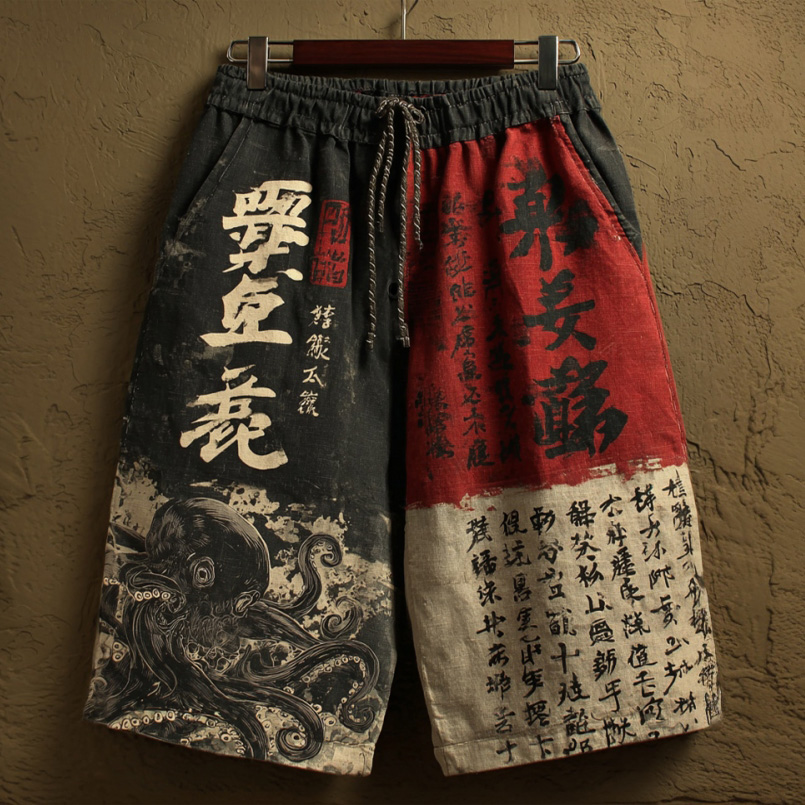 Men's Retro Japanese Octopus Calligraphy Art Pattern Linen Casual Shorts elevenforest