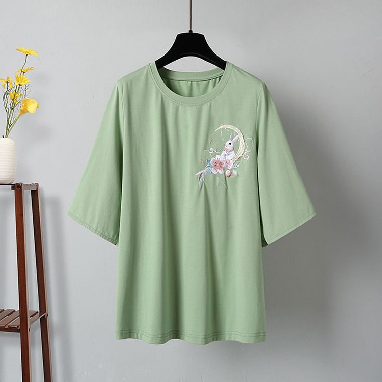 Vintage Floral Rabbit Embroidery T-Shirt Tassel Pleated Skirt Set - Modakawa Modakawa