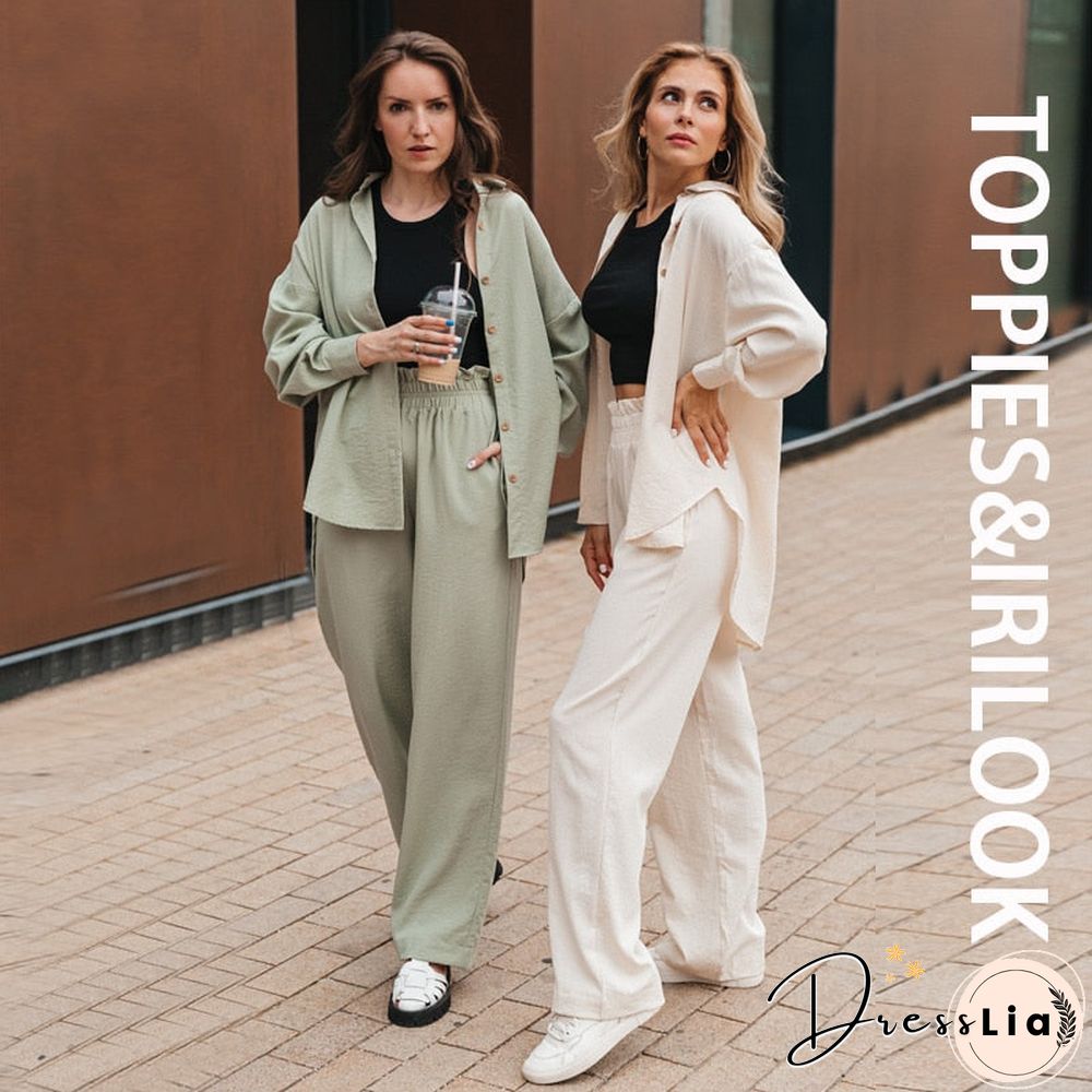 Toppies Women Two Piece Set Casual Shirt Office Lady Long Sleeve Blouse Chic Elastic Waist