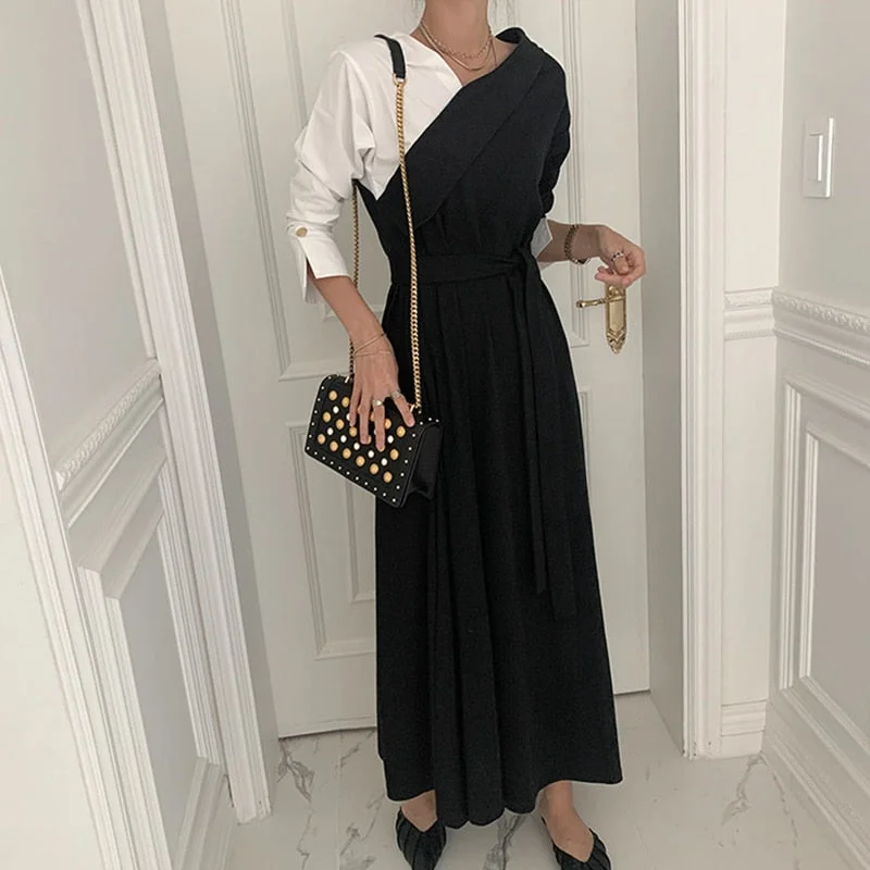 New Korea Style Elegant OL A Line Female Dress V Neck Long Dresses Solid High Waist Dress for Women Clothing Robe Femme 12795