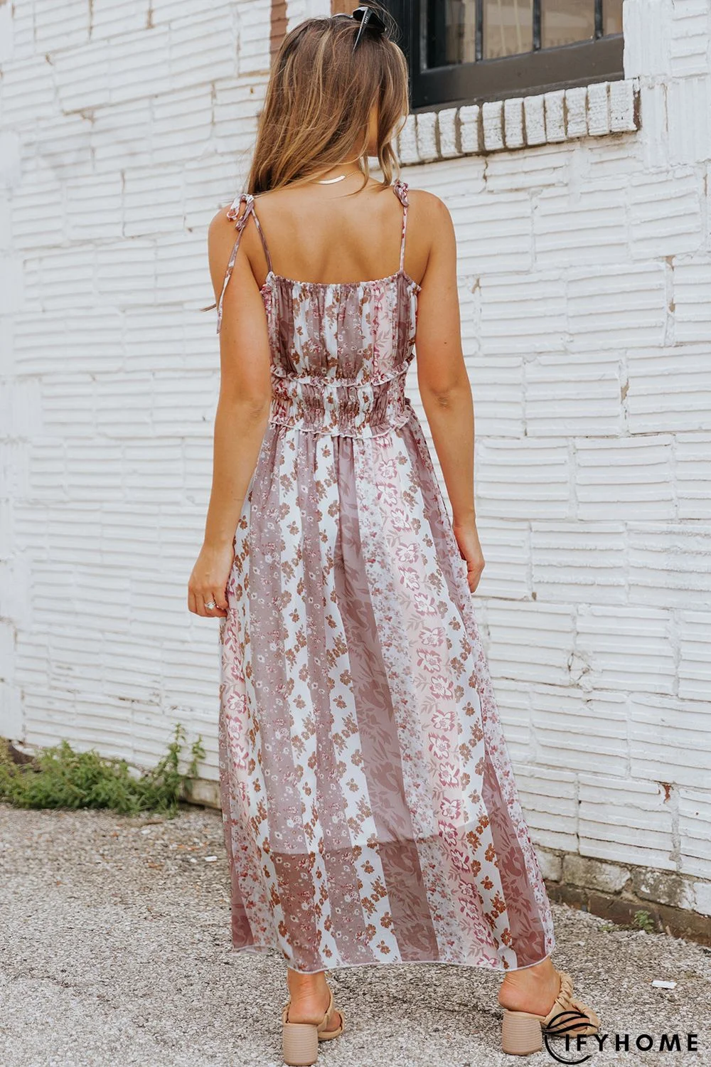 Multicolor Floral Print Frill Trim Smocked Spaghetti Strap Maxi Dress | IFYHOME