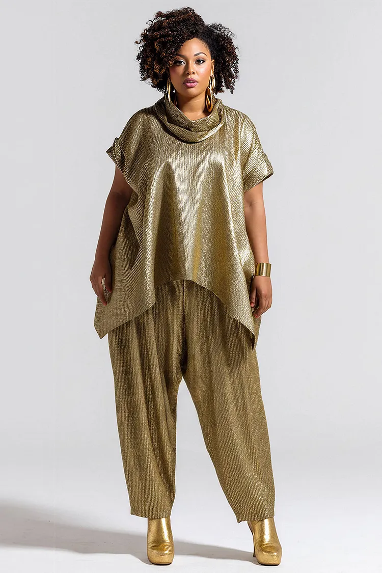 Xpluswear Design Plus Size Party Gold Cowl Neck Pocket Glitter Two Piece Pant Sets [Pre-Order] 2024 - Xpluswear