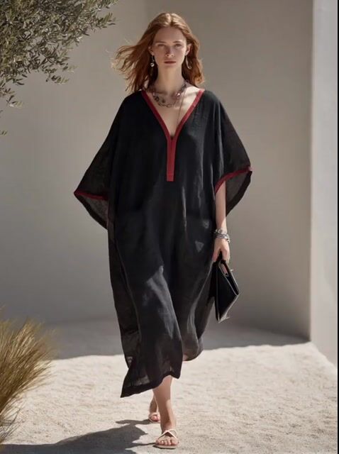 Women&rsquo;s Minimalist Linen-Blend Contrast Trim Kaftan Maxi Dress MD