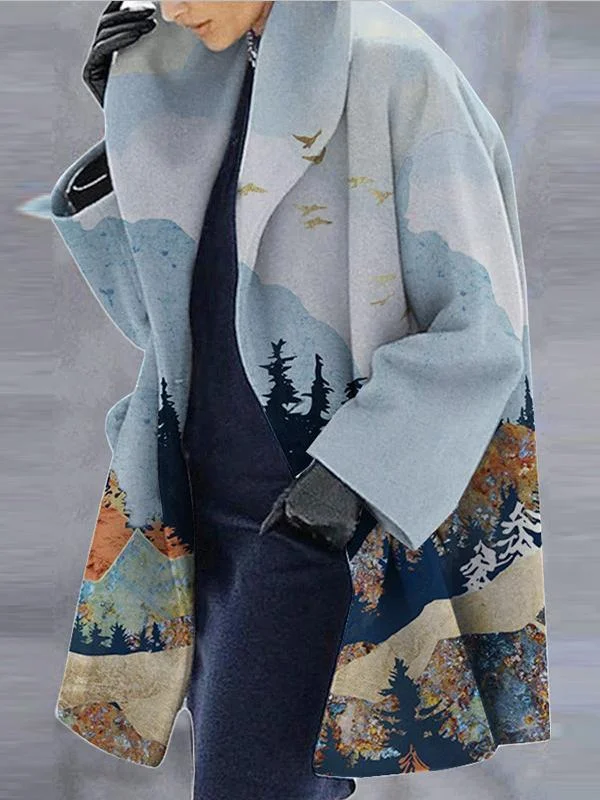 Mayoulove Long-sleeved loose printed woolen coat-Mayoulove
