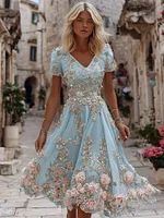 Women's Rose Floral Pattern Casual Short Sleeve Dress