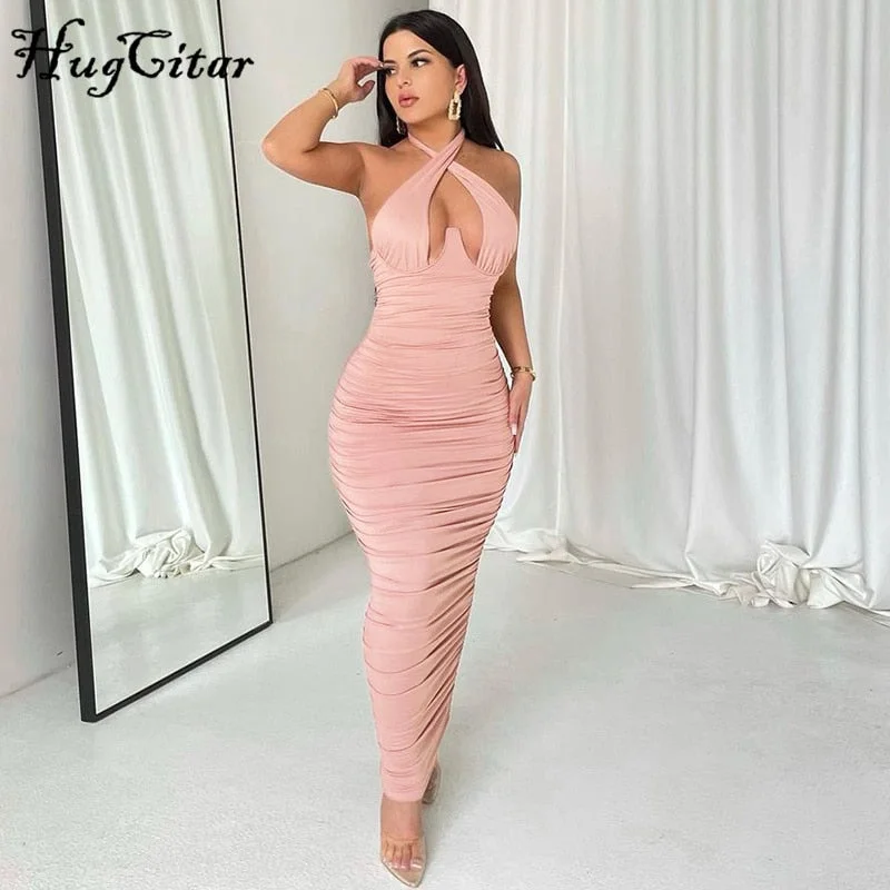 Hugcitar Ruched Sleeveless Halter Hollow Out Bodycon Pleated Floor-Length Dress 2021 Fall Winter Women Fashion Outfit Y2K Slim