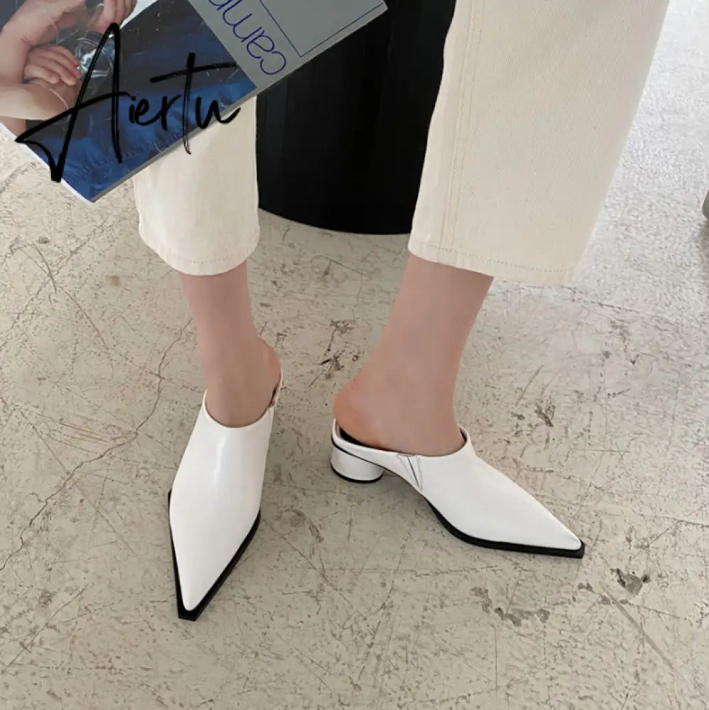 Aiertu Fashion Women Sandals Slippers Roman Style Slides Party Pumps Thick Square Heeled Black/White Mules Shoes Pointed Toe Slides 9.5 Aiertu