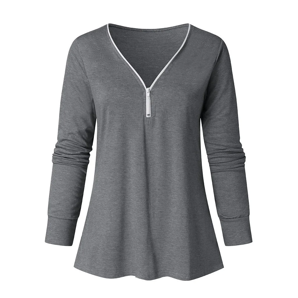 Plus Size Fashion Zipper Blouse Shirt Sexy V-Neck Tops Casual Autumn Winter Tops Ladies Female Women Long Sleeve Blusas Pullover