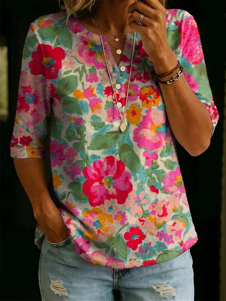 Women&rsquo;s Floral Pattern Art Casual Classic Henley Collar 100% Cotton T-shirt