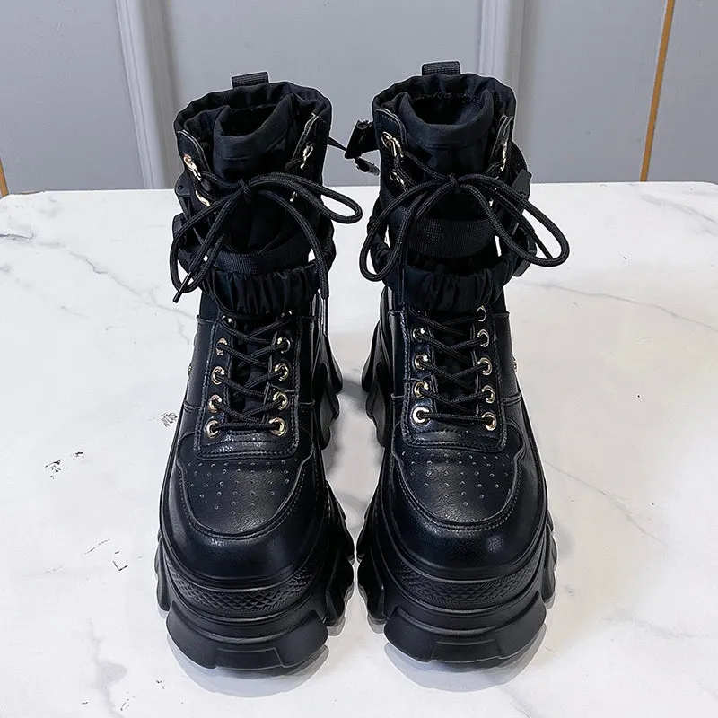 Green Punk Chunky Platform Motorcycle Boots Women Autumn Winter Gothic Shoes Woman Thick Bottom Lace Up Ankle Botas Mujer