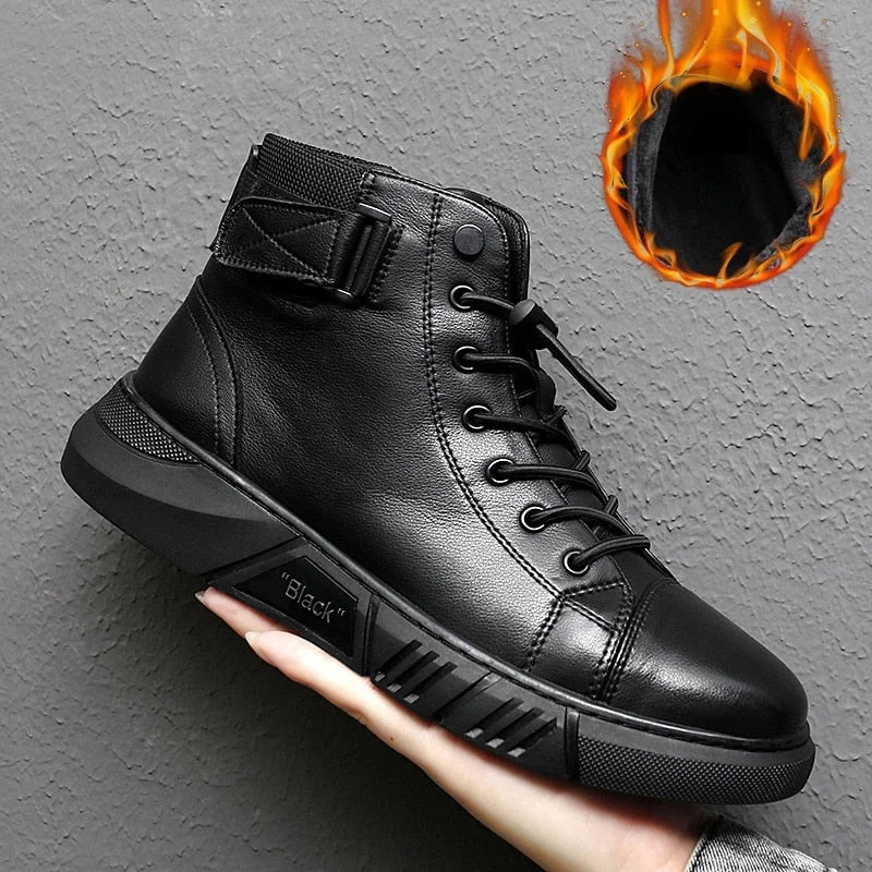 Aonga 2023 Ankle Boots Men Black PU Leather Shoes Autumn Winter Comfortable Platform Casual Shoes High-top 2023 Fashion Leahter Boots Man