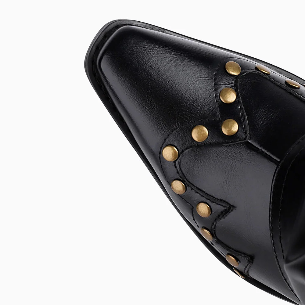 Classic Black Snip Toe Buckle Fold Over Cowgirl Boots with Studded