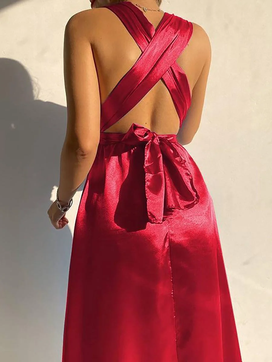 Stylish V-Neck Sleeveless Satin Midi Dress